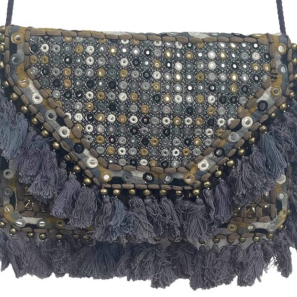 Anthropologie IbBan Large Clutch Bag with Tassels and Shoulder Strap New